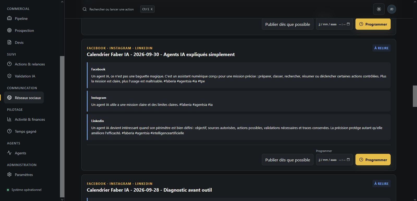 Propositions de publications Facebook, Instagram et LinkedIn avec programmation dans Faber CRM